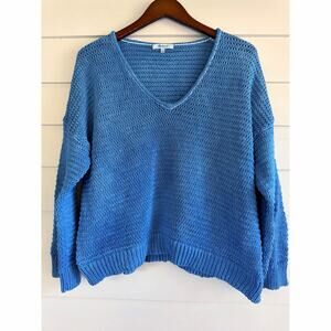 Madewell Blue Crochet Knit V-Neck Sweater Cotton Open Stitch Contrast Medium 22"